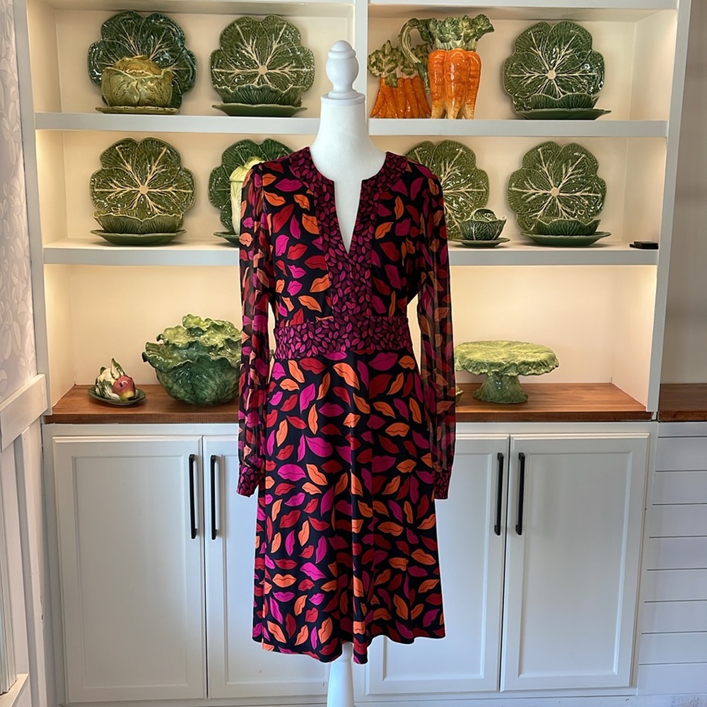 Diane von Furstenberg Long Sleeve Lip Print Dress Size 12